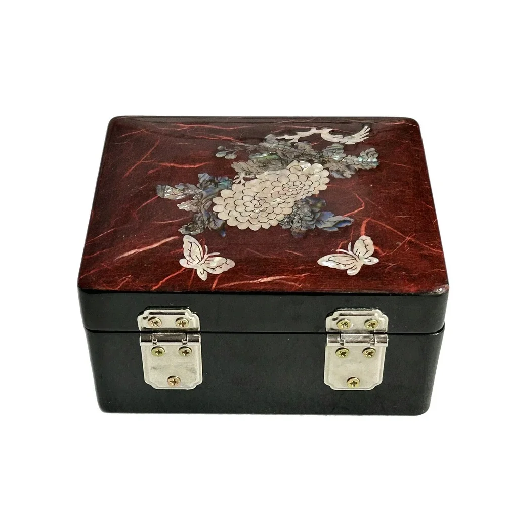 Trinket Box Lacquer Wooden Box Mother of Pearl Inlay Asian Mirror Turtle Latch - Picture 3 of 13
